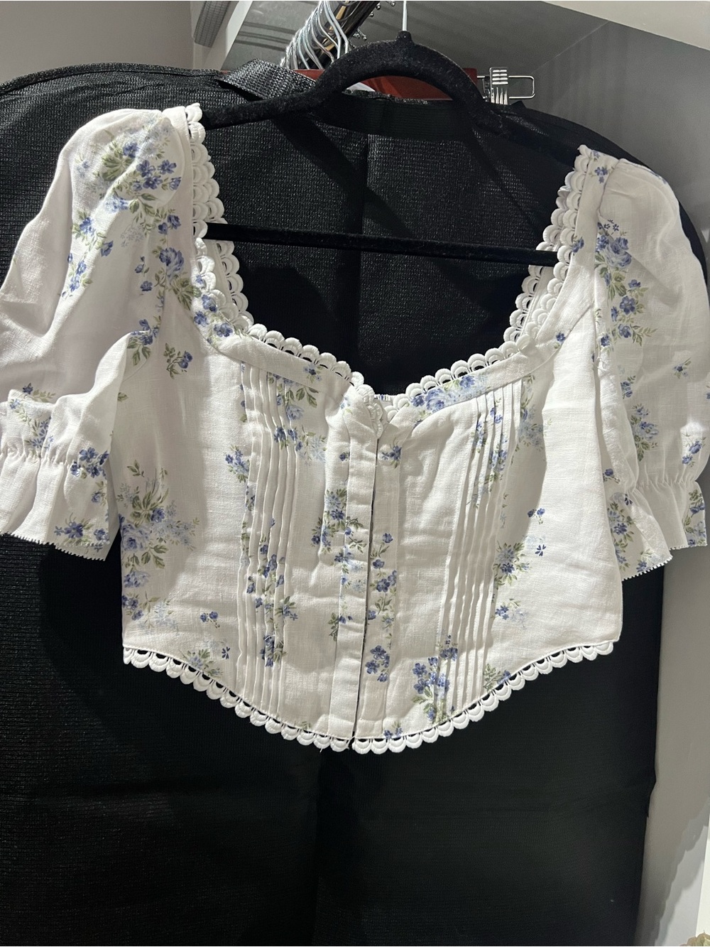 Reformation White Crop Blouse with Blue Floral Print